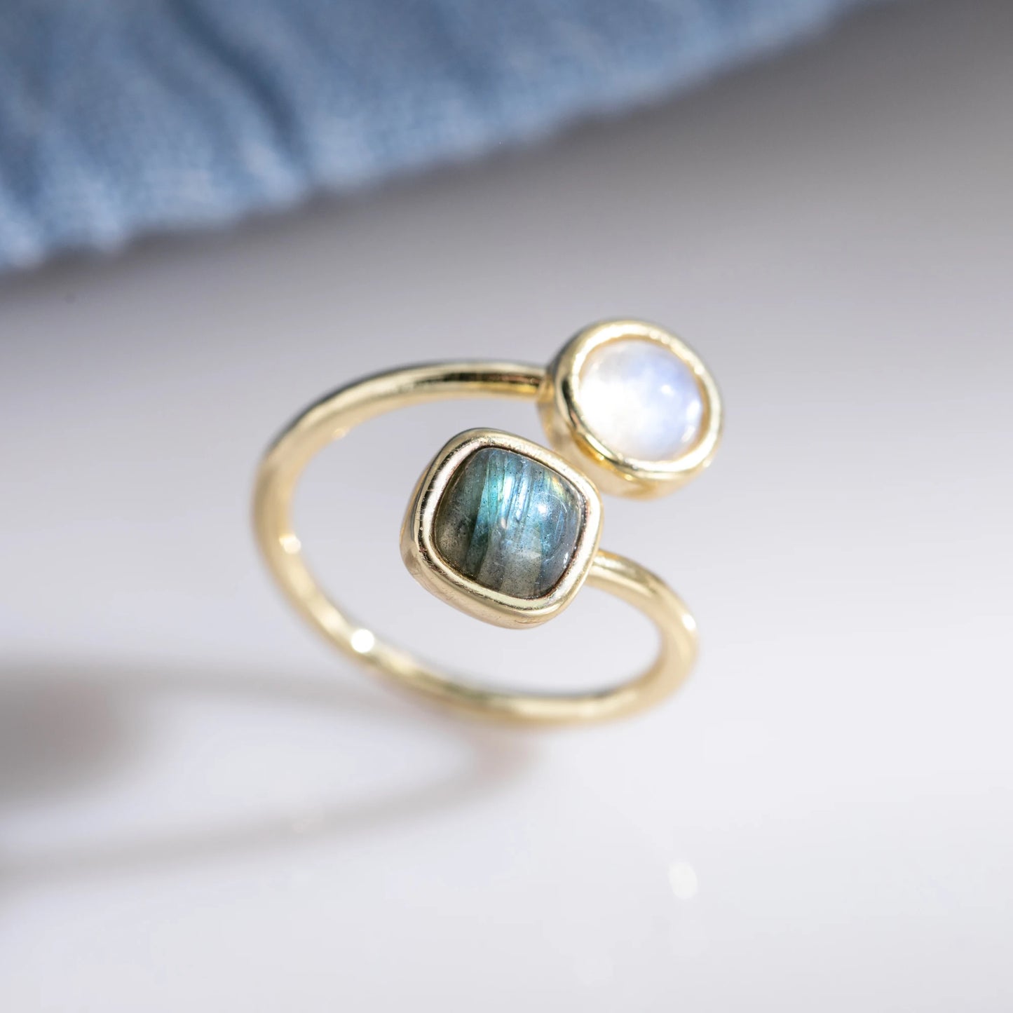 Natural Round Moonstone & Square Labradorite Double Stone Open Ring Luxury Adjustable Copper Rings for Woman Anniversary Gifts