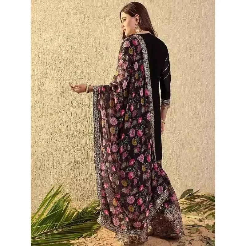 Women's Vintage Indian Heavy Embroidered Georgette Punjabi Suit Sequins 3 PCS Set Tunic Pants Dupatta for Wedding Festival Party