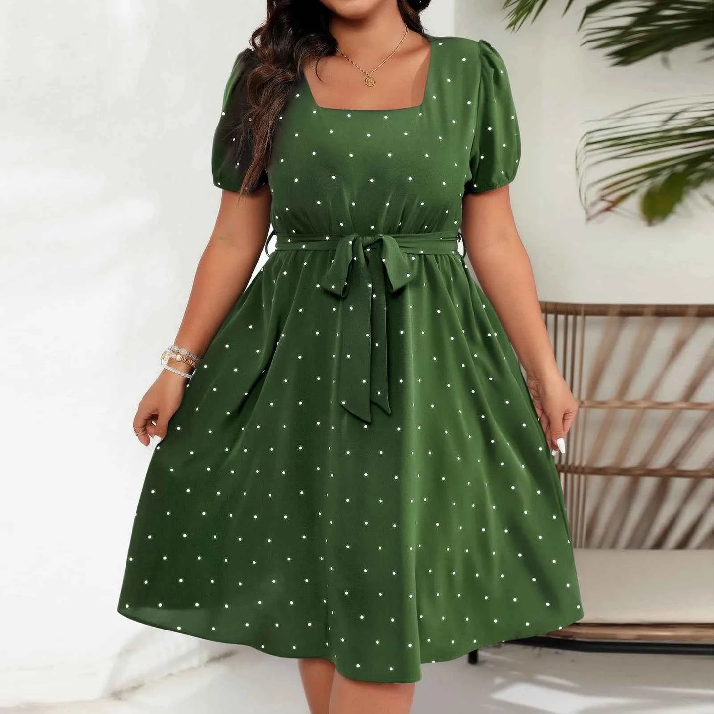 Plus Size Ladies Elegant Retro Polka Dot Waist Tie Square Neck Dress Classic Fashion Summer Short Sleeve Vacation A-line Skirt