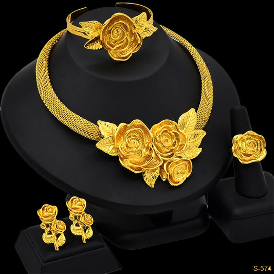 ANIID Dubai Ethiopian Jewelry Set Wedding For Women 24K Gold Color African Bridal Choker Rose Necklace Set Wholesale Gifts