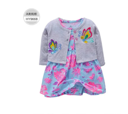 Infant Baby Girls Bodysuit Dress Cotton Floral Baby Girls Long-Sleeved Coat+Short SLeeve Dress 2Pieces Baby Girls Clothes sets