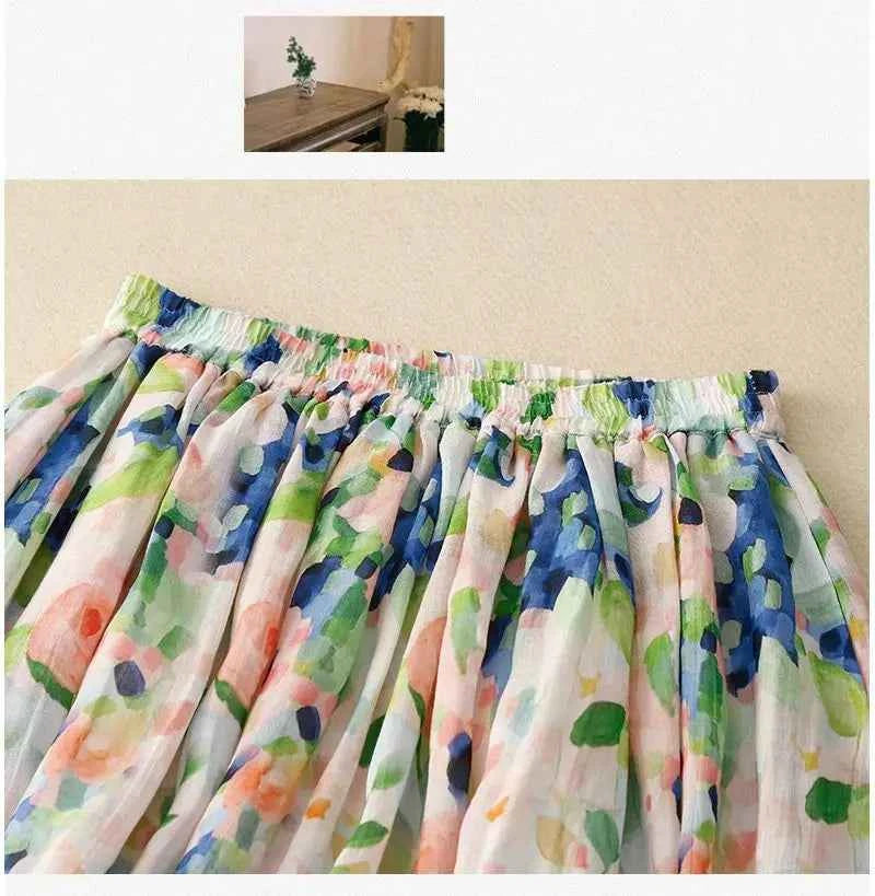 French Floral Oil Painting Elegant Chic Elastic High Waist A-line Women's Skirt Mid-Calf Long Skirts For Women Clothing Fashion