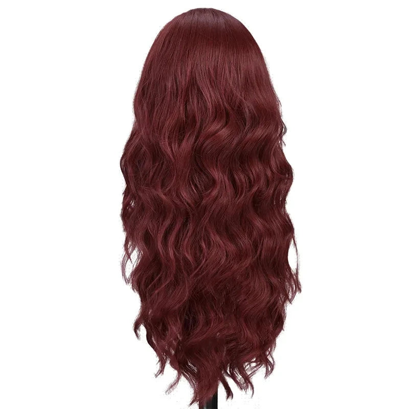 Red wine color synthetic wig with long curly hair, full head of wig, party, daily use, high-temperature hair wig - AMULET RING STORE