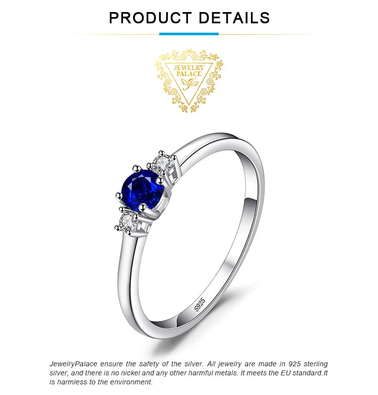 JewelryPalace Created Blue Sapphire 925 Sterling Silver 3 Stones Promise Ring for Women Fashion Gemstone Jewelry Wedding Gift