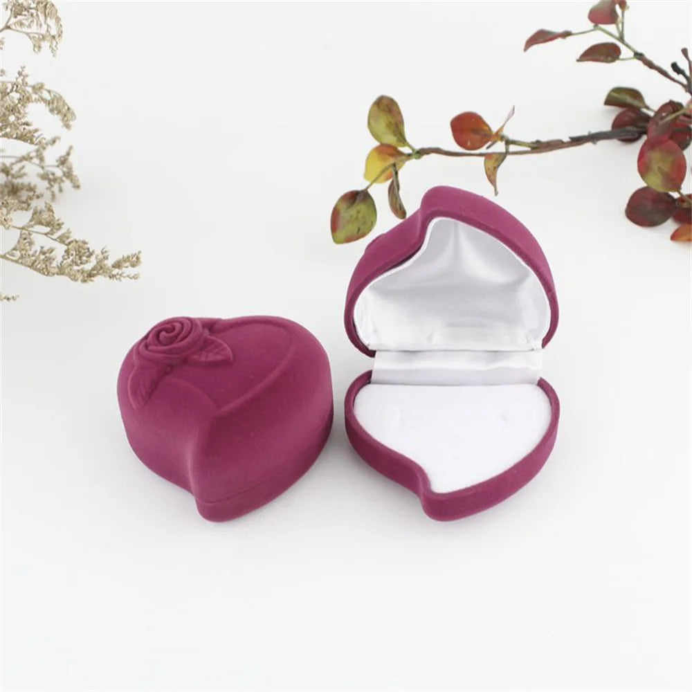 Heart-Shaped Velvet Jewelry Box Rose Flower Valentine'S Day Engagement Proposal Wedding Ring Box Gift Box Jewelry Organizer Case - AMULET RING STORE