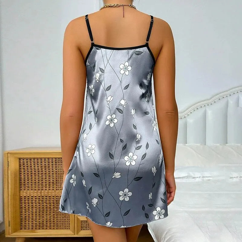Women's Sleepdress Satin Floral Print Nightdress Comfortable Spaghetti Strap Sleepwear Dress Luxurious Satin Slip Nightdress - AMULET RING STORE