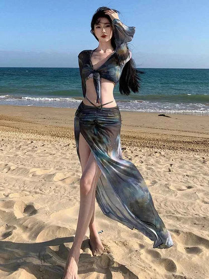 2025 Swimsuit Women's Sexy Bikini Four Piece Tie Dye Long Skirt Sexy European and American Slim Fit Hot Spring Vacation