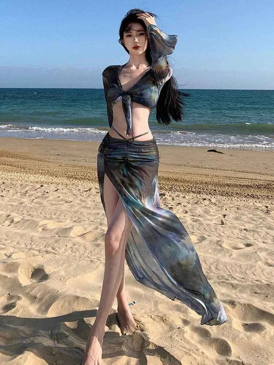 2025 Swimsuit Women's Sexy Bikini Four Piece Tie Dye Long Skirt Sexy European and American Slim Fit Hot Spring Vacation