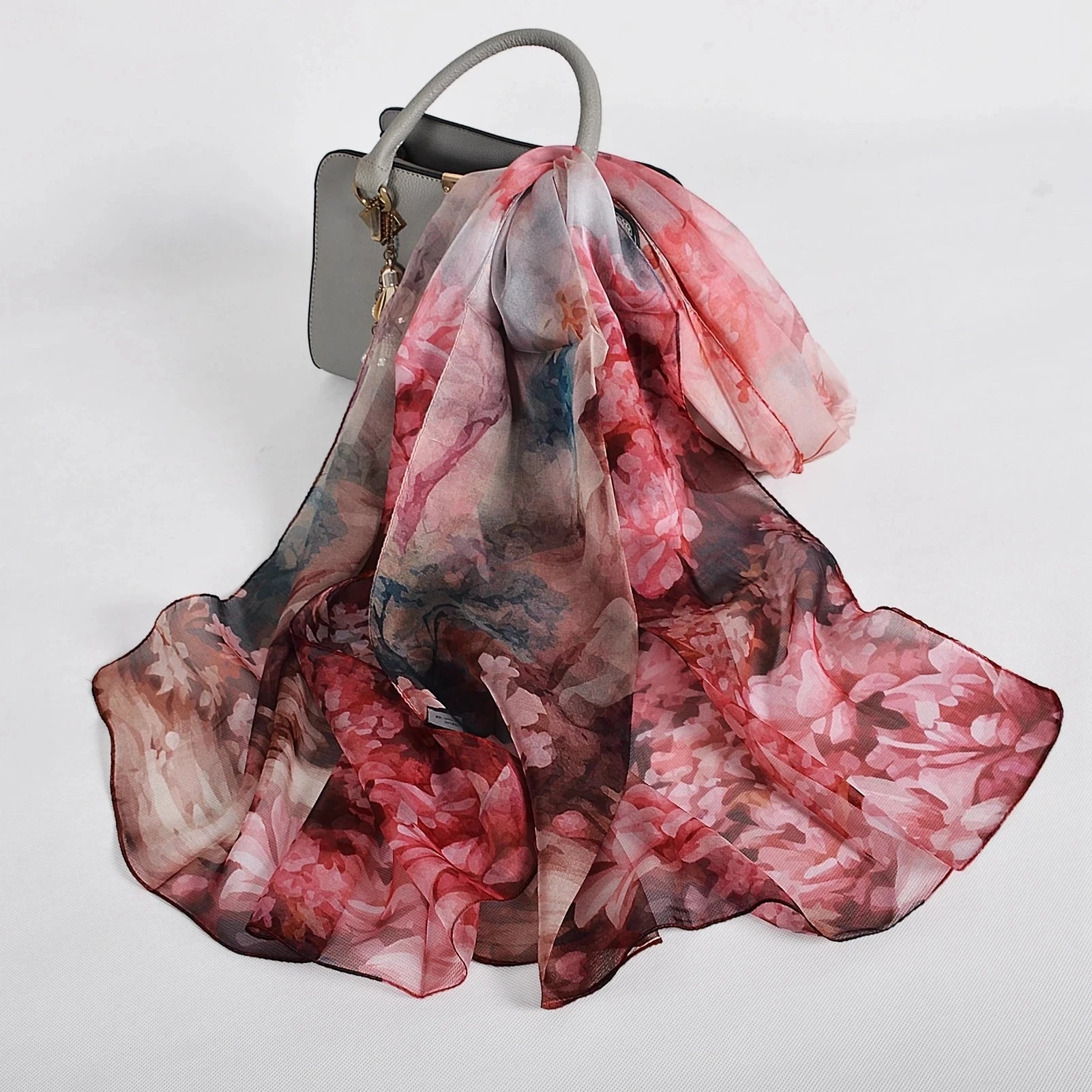 [BYSIFA] Women Chiffon Pure Silk Scarf Cherry Blossom Floral Design Long 100% Silk Shawl Scarf Purple Pink Silk Scarves Echarpes