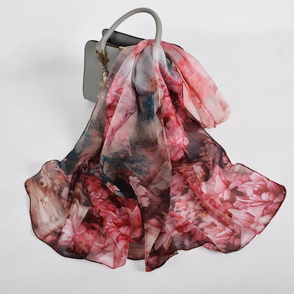 [BYSIFA] Women Chiffon Pure Silk Scarf Cherry Blossom Floral Design Long 100% Silk Shawl Scarf Purple Pink Silk Scarves Echarpes