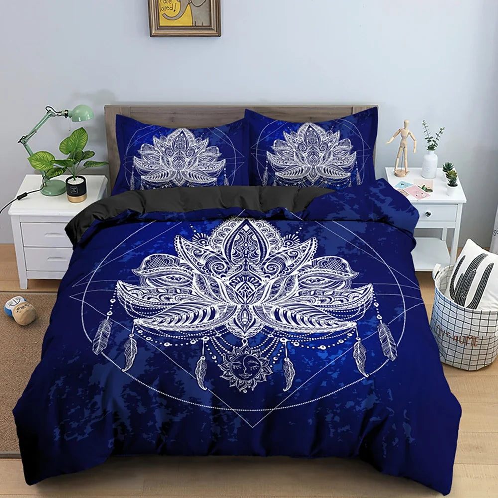 2/3pcs Bed Set Bohemian Lotus Duvet Cover Set Mandala Flower Quilt Cover Adult Black Polyester Bedding Set Queen King Twin Teens - AMULET RING STORE