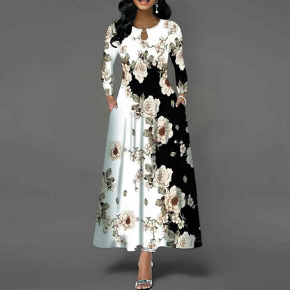 Women's Casual Dress, Plus Size Floral Print Long Sleeve Round Neck Cut Out Maxi Dress With Pockets