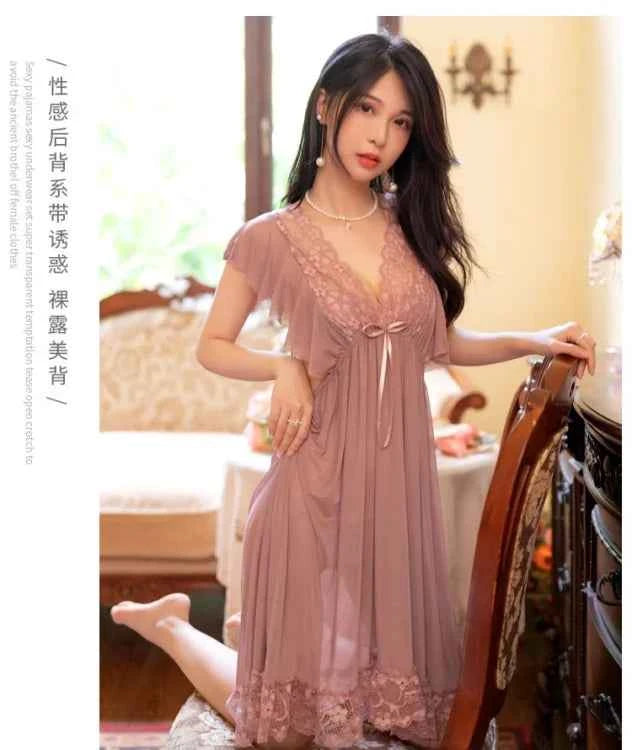 Sexy Sleepwear Women V-neck Nightgown Sexy Nightdress Lace Mesh Pajama Loungewear Summer Dress Nightwear Night Wear