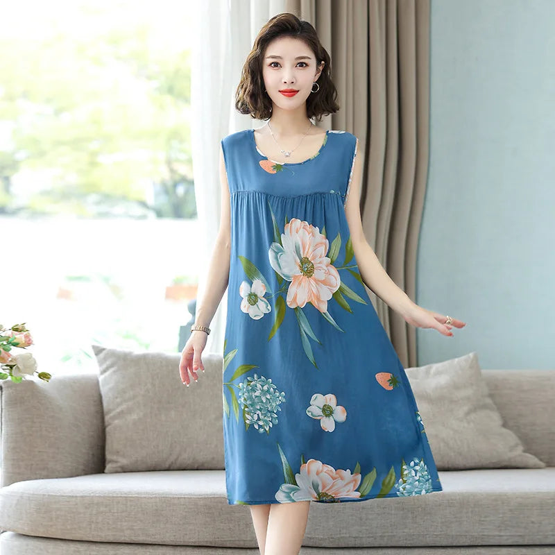 Summer Middle-Aged and Elderly Cotton Silk Nightgowns Pajamas Women's Dresses Large Size Mother's Casual Nightgowns Homewear - AMULET RING STORE
