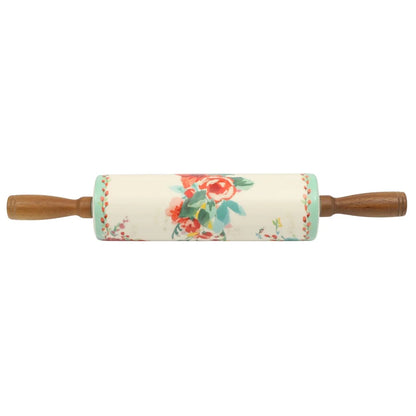 Ceramic Rolling Pin Set with Holder Acacia Wood Handles Floral Design Kitchen Baking Accessories Rustic Style Dough Roller - AMULET RING STORE