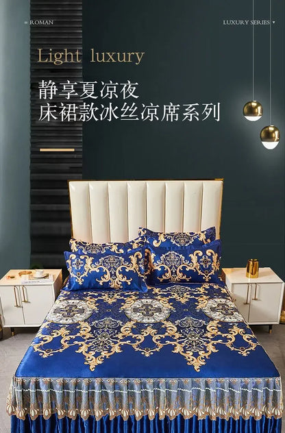 3Pcs/Lot Double Bed Sheet Set Classic Lace Royal Blue Bed Sheet Bed Skirt