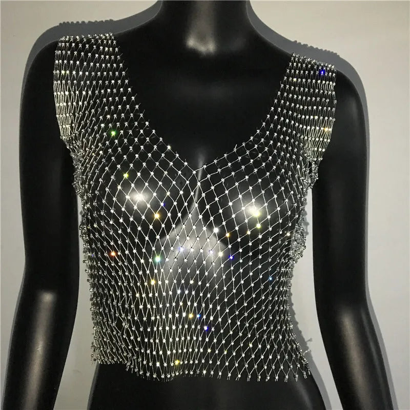 Women's Fishnet Rhinestone Crop Top 2024 Summer Sexy Mesh High Elastic Black White Shirt Net See Through Rave Diamond Tank Top - AMULET RING STORE