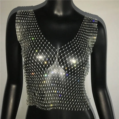 Women's Fishnet Rhinestone Crop Top 2024 Summer Sexy Mesh High Elastic Black White Shirt Net See Through Rave Diamond Tank Top - AMULET RING STORE