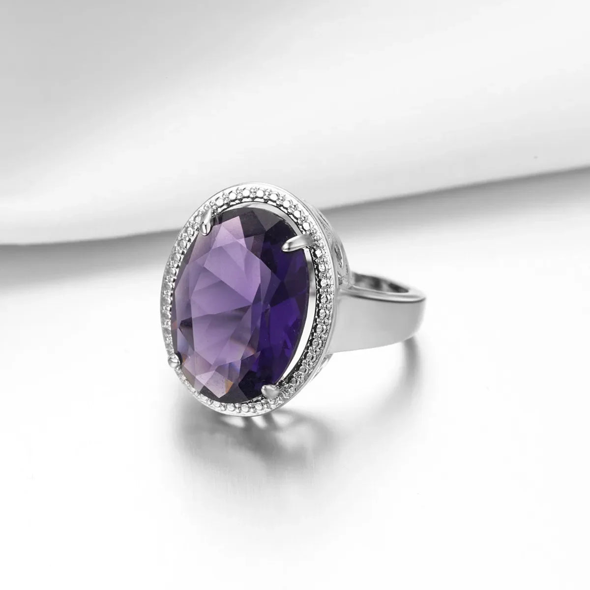 Women's S925 Silver Amethyst Ring - Exaggerated Egg Shaped Design