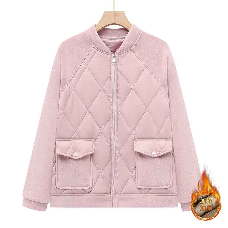 Women Padded Jacket round neck Long Sleeves patchwork coat Winter Warm Top Outerwear