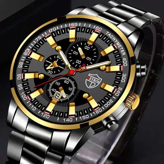 Luxury Men's Casual Fashion Business Gold Needle Digital Steel Band Quartz Watch Calendar Designed For Successful Men Classic - AMULET RING STORE
