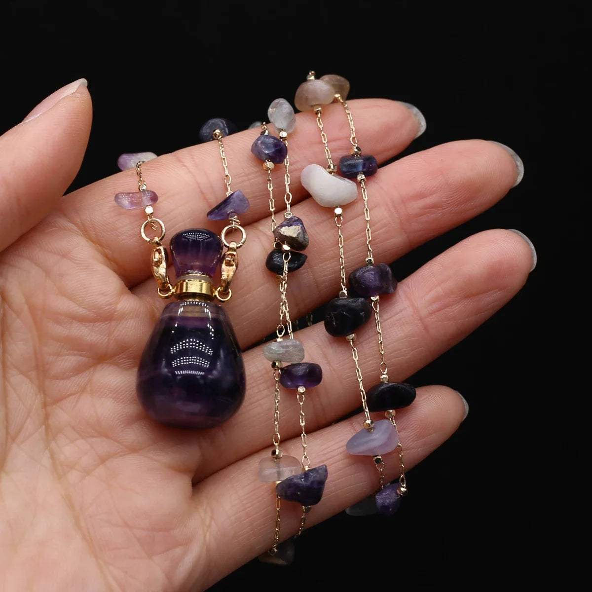 Natural Amethysts Perfume Bottle Pendant Necklace Pearl Chains Essential Oil Diffuser Agates Pendant Necklace For Women Jewerly - AMULET RING STORE