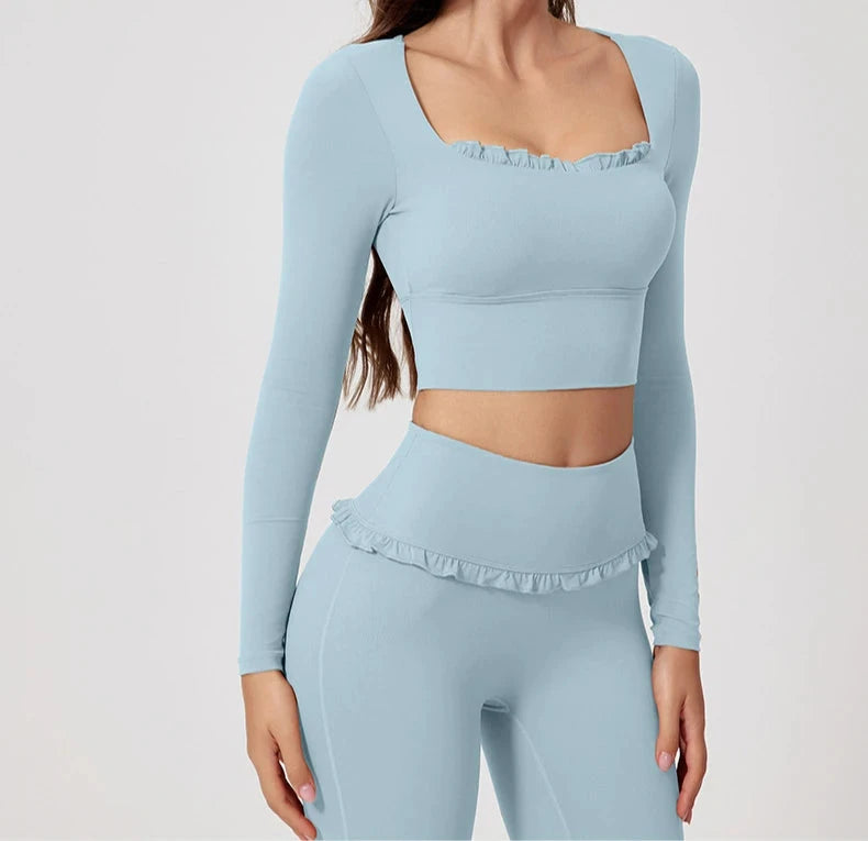 1/2PCS Pad Women Yoga Set Lotus Gym Fitness Long Sleeve Sports Crop Top High Waist Bell Flare Legging Workout Athletic Wear