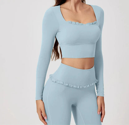 1/2PCS Pad Women Yoga Set Lotus Gym Fitness Long Sleeve Sports Crop Top High Waist Bell Flare Legging Workout Athletic Wear