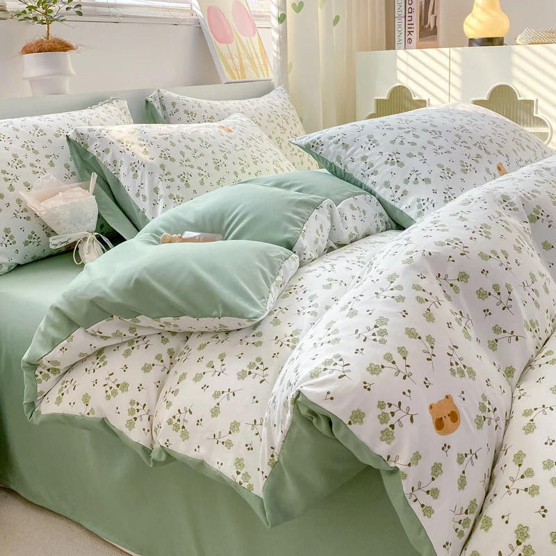 Korean Retro Floral Bedding Set 100% Washed Cotton Bed Sheets Set Soft Duvet Cover Bed Linen Pillowcase Single Double Queen King - AMULET RING STORE