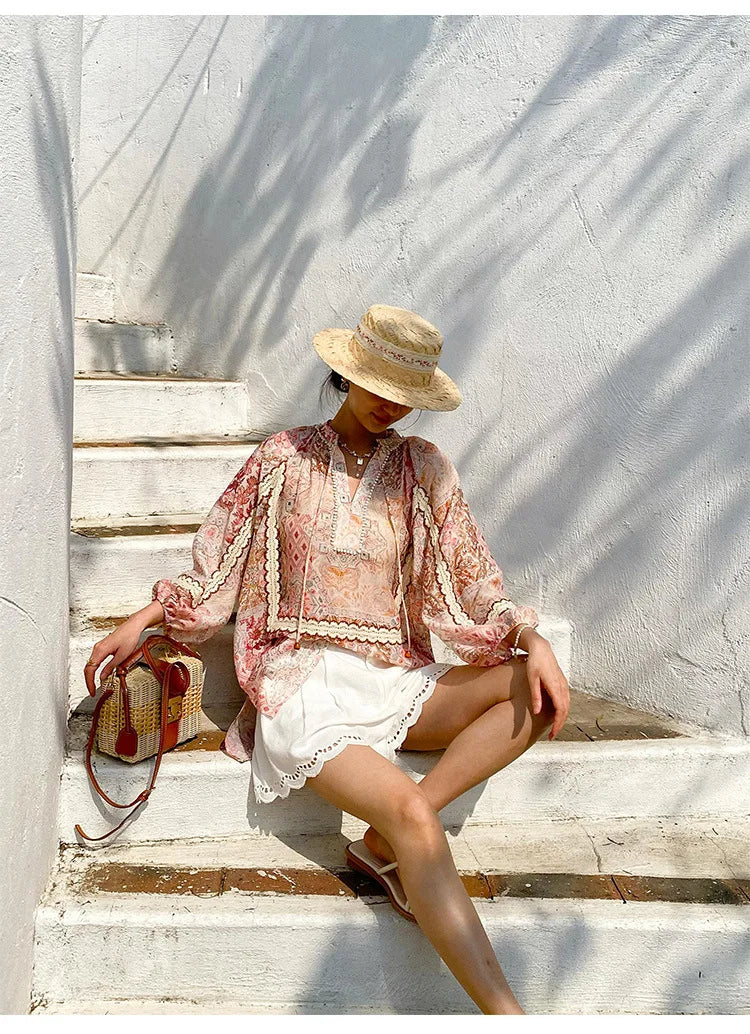 Boho Flrench Chic Floral Blouse Shirt Printed Summer Loose Lace Hollow Out Sexy Ladies Vocation Women Long Sleeve Top Shirts New