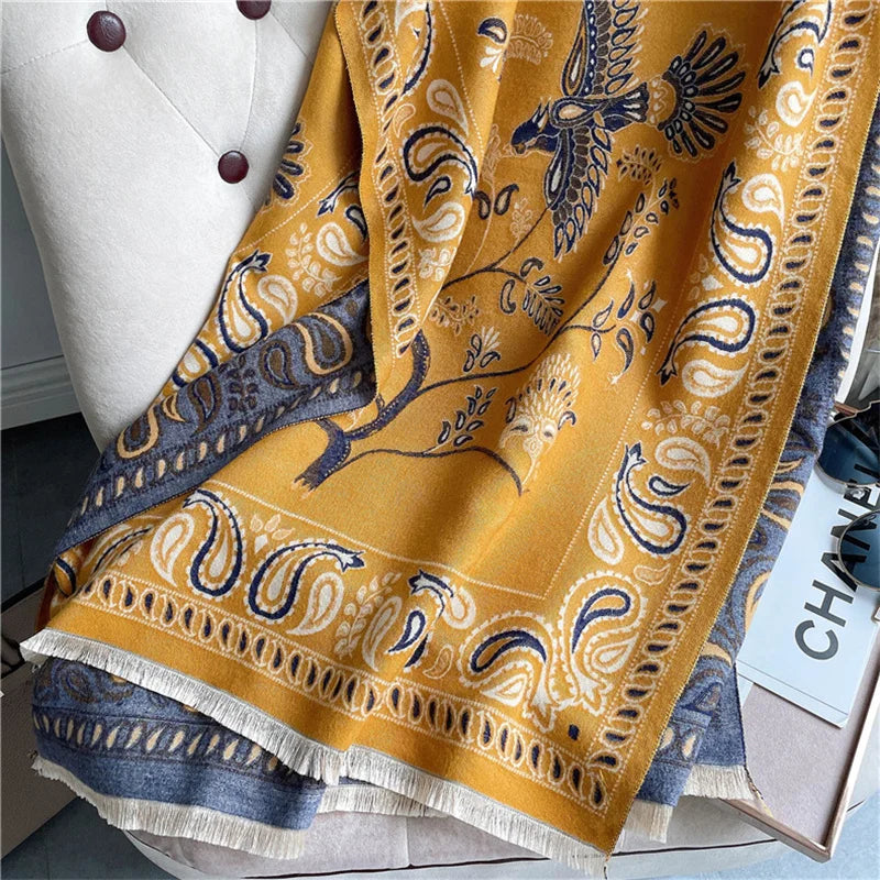 Winter Scarf Women Soft Cashmere Warm Pashmina Ethnic Blue Bird Print Scarves Wraps Thick Shawl Bufandas Tassel Stoles Hijabs - AMULET RING STORE