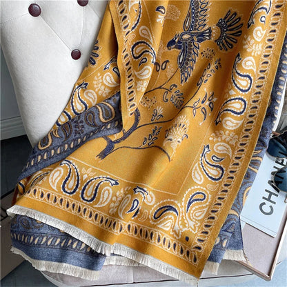 Winter Scarf Women Soft Cashmere Warm Pashmina Ethnic Blue Bird Print Scarves Wraps Thick Shawl Bufandas Tassel Stoles Hijabs - AMULET RING STORE