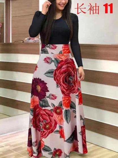 Autumn hot selling European and American flower color matching dresses, long dresses, women's clothing in stock