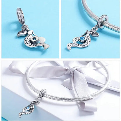 BISAER 925 Sterling Silver Charm Ocean Style Fish Dolphin Mermaid Shell Blue CZ Bead For Necklace&Bracelet DIY Fine Jewelry Gift - AMULET RING STORE