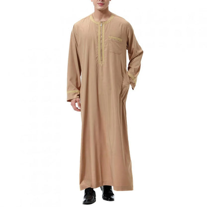 Traditional Muslim Clothing Men's Muslim Shirt robe embroidery Islamic Royalty Dubai Robe O-Neck Long Sleeve Retro Loose Abaya - AMULET RING STORE