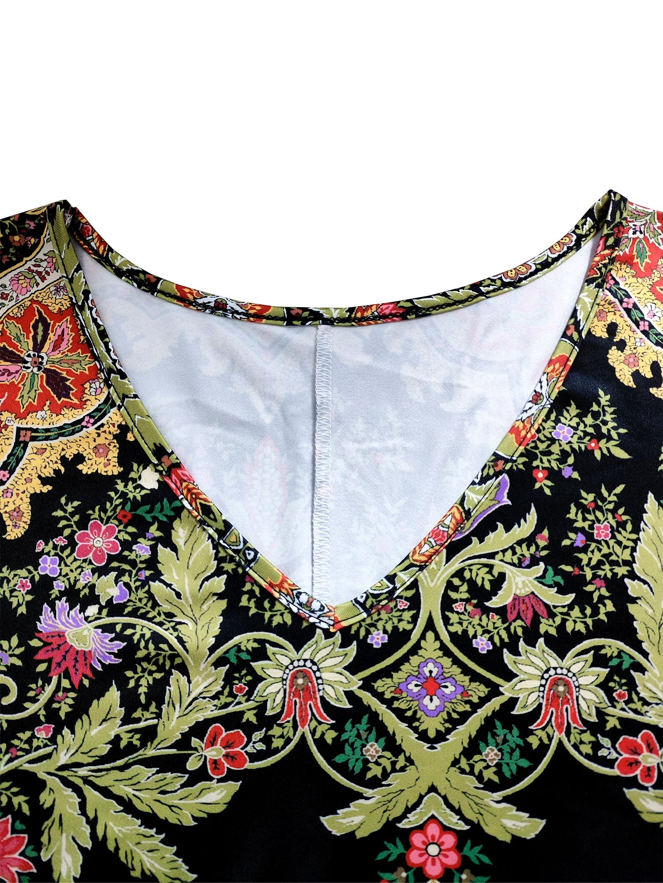 Plus Size Women's Boho Floral Maxi Dress, Long - Sleeve V - Neck, Ethnic Print