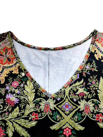 Plus Size Women's Boho Floral Maxi Dress, Long - Sleeve V - Neck, Ethnic Print