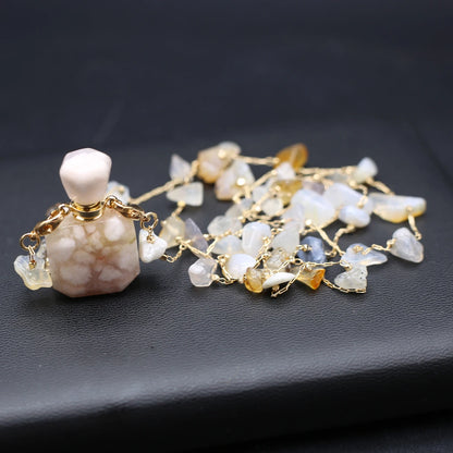 Perfume Bottle Necklace Natural Stone Cherry Blossom Agate Perfume Bottle Pendant For Women Christmas Halloween Gift Chain 80cm - AMULET RING STORE