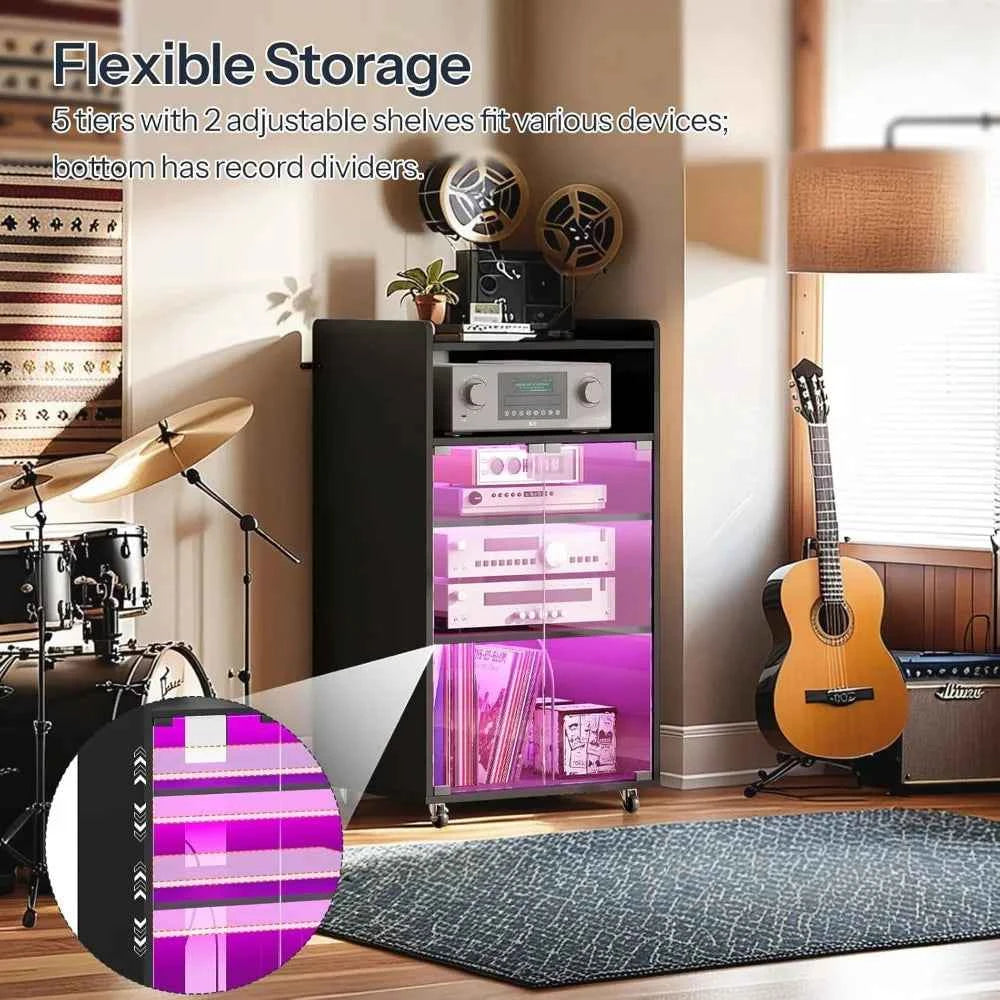 5-Tier Media Cabinet with Charging Station, LED Light, and Glass Door Storage for Audio Stereo Equipment