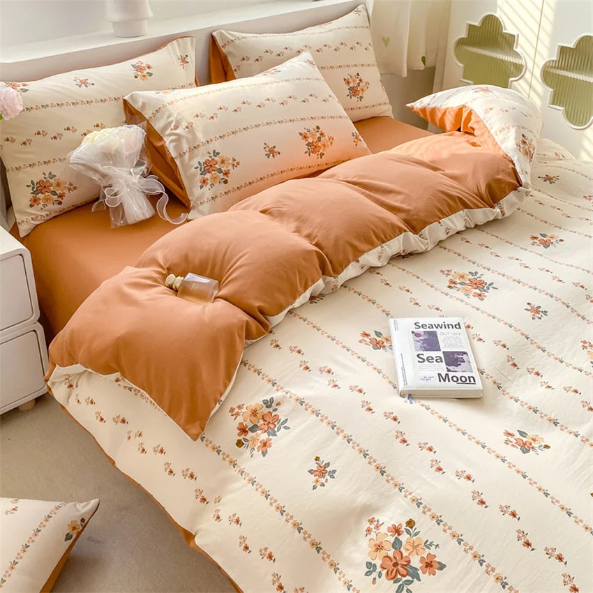 Korean Retro Floral Bedding Set 100% Washed Cotton Bed Sheets Set Soft Duvet Cover Bed Linen Pillowcase Single Double Queen King - AMULET RING STORE
