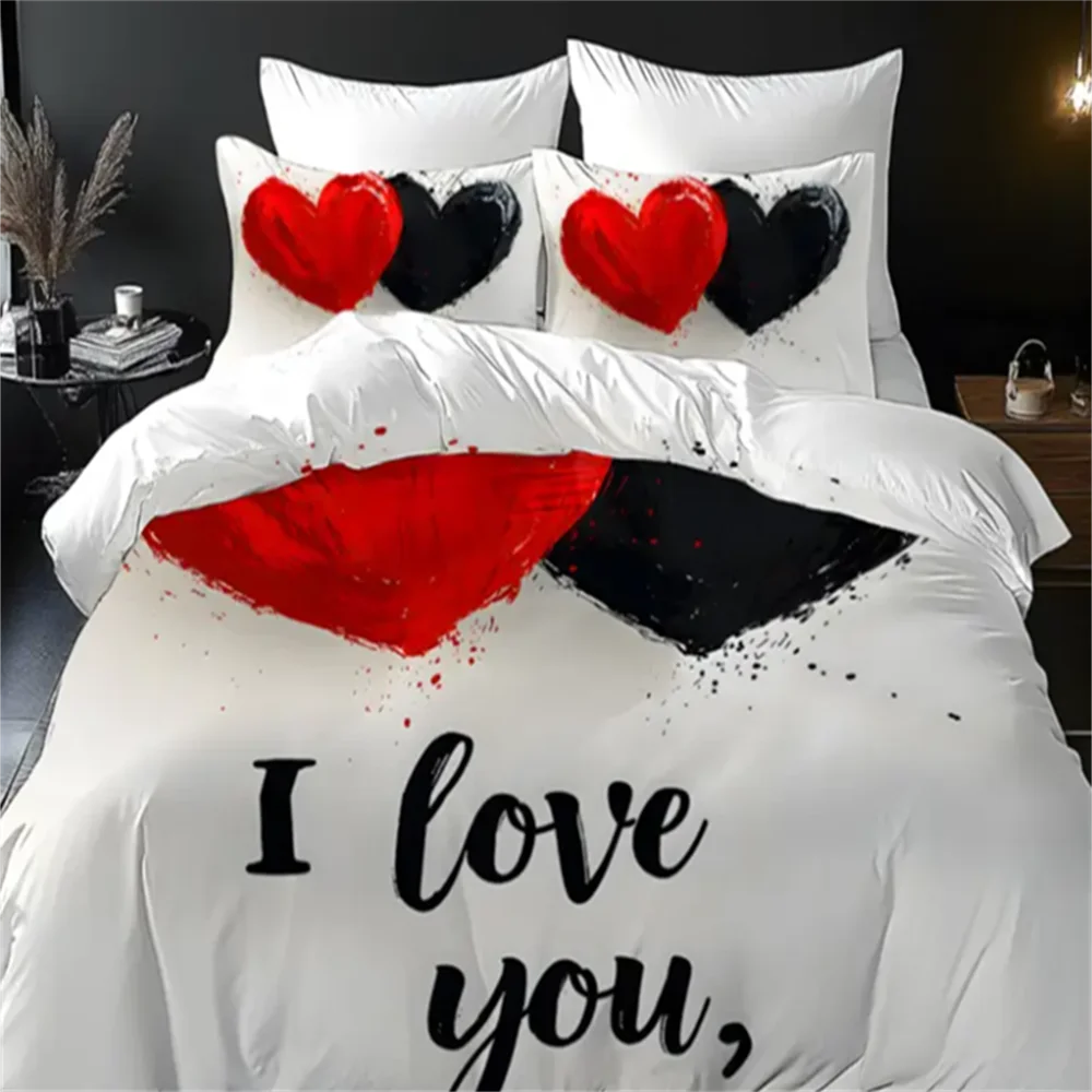 3D Love Heart Design Duvet Cover Set, 100% Polyester, Abstract Pattern, All-Season Soft Sanded Fabric Digital Bedding Set - AMULET RING STORE
