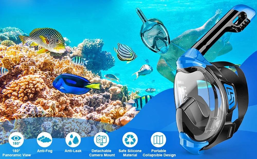 Full Face Snorkel Mask with Latest Dry Top Breathing System Detachable Camera Mount for Adults Panoramic View Anti-Leak Anti-Fog - AMULET RING STORE