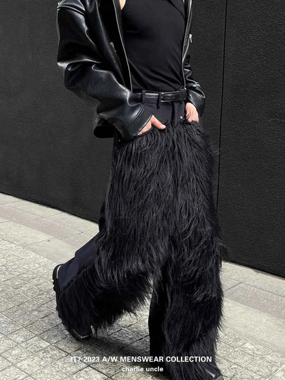 Mauroicardi Autumn Winter Long Black Thick Warm Hairy Shaggy Faux Fur Wide Leg Pants for Mens Luxury Designer Clothes Streetwear