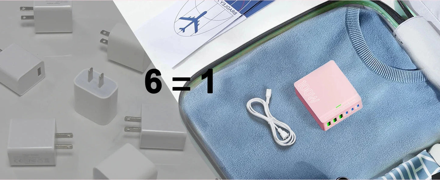 USB C Charging Station:100W 6-Port GaN Fast Charging Hub-PD 3.0 Type C and USB A Charging Case-Wall Charger Power Adapter-Purple