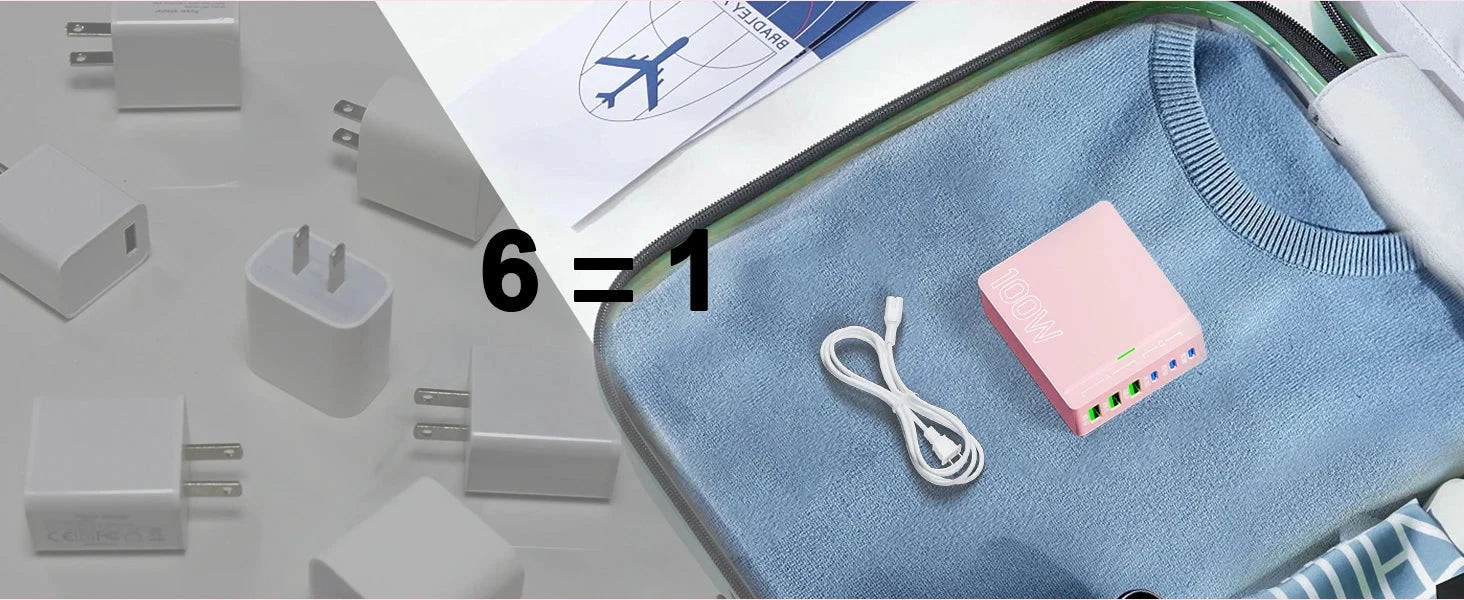 USB C Charging Station:100W 6-Port GaN Fast Charging Hub-PD 3.0 Type C and USB A Charging Case-Wall Charger Power Adapter-Purple