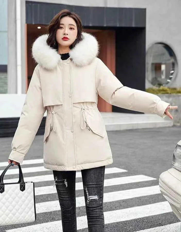 2025 Winter Women's Parka Cotton Padded Coat Korean Style Mid Length Waist Cinching Thickened for Cold Suitable for Short Girls