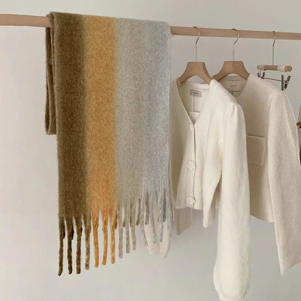 New Fashion Mohair Stripted Tassel Scarf Women Autumn Winter Korean Version Thickened Warm Soft Female Shawl Colorful Muffler