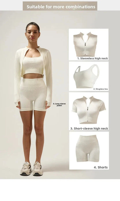 Fitn Yoga Clothes Set High Collar Zipper Bal ort Sve Long Sve orts Women's Sportswear Tee-quarter Length ...