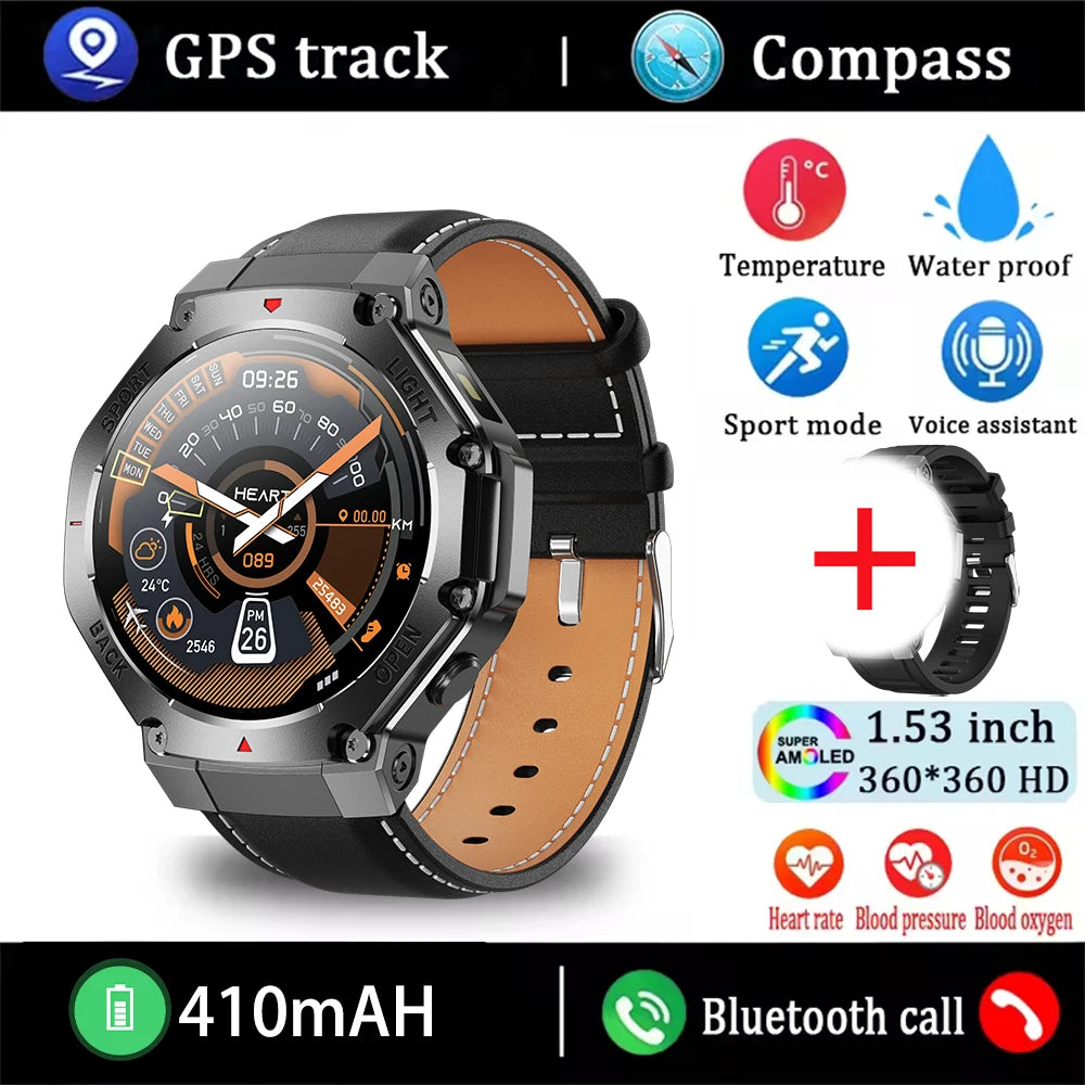 2025 New Men Sports Smart Watch GPS AMOLED Heart Rate Monitoring LED Flashlight NFC Bluetooth Call 3ATM Waterproof Smartwatches