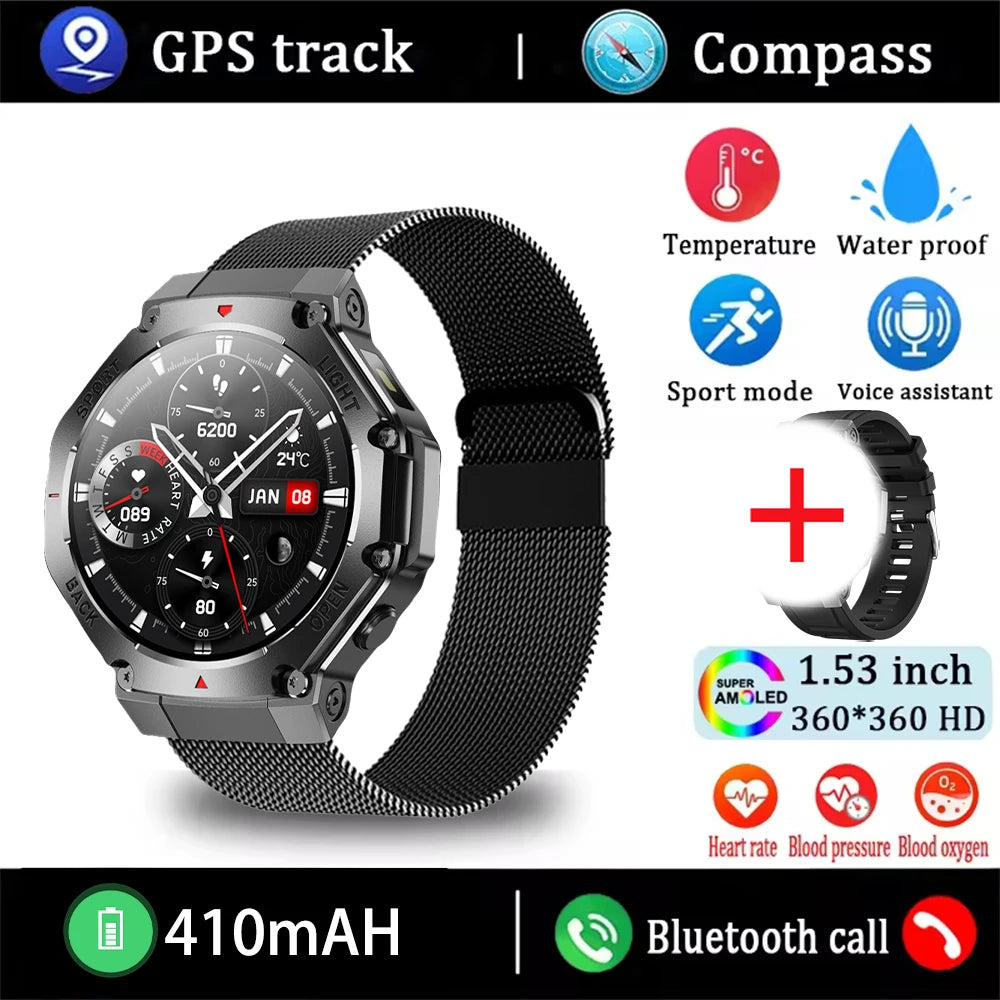 2025 New Men Sports Smart Watch GPS AMOLED Heart Rate Monitoring LED Flashlight NFC Bluetooth Call 3ATM Waterproof Smartwatches